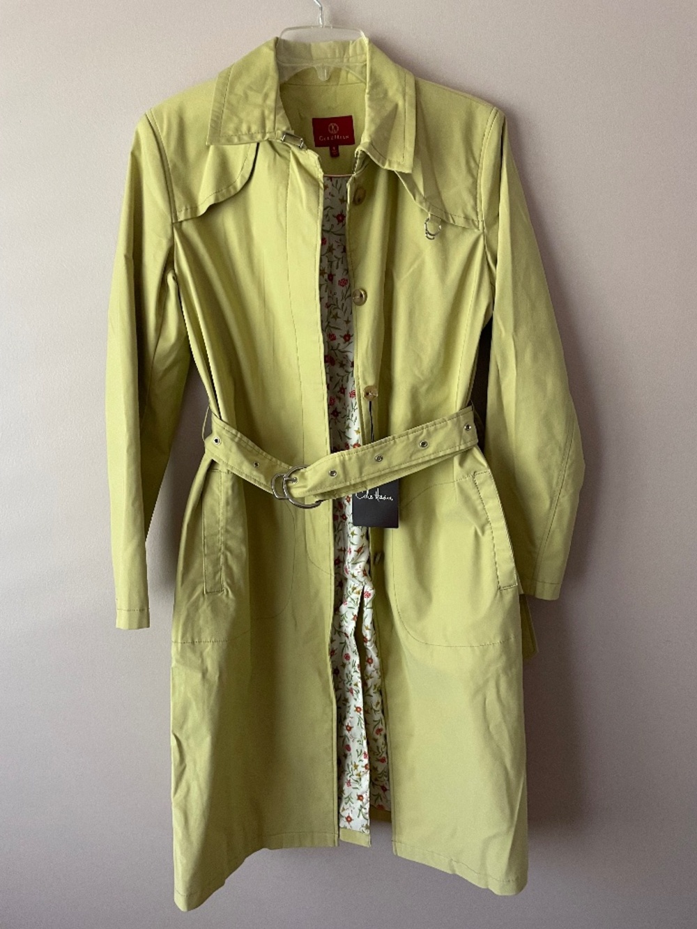 Cole Haan Green Trench Coat Tie Belt Floral Lining Silver Tone Hardware nwt